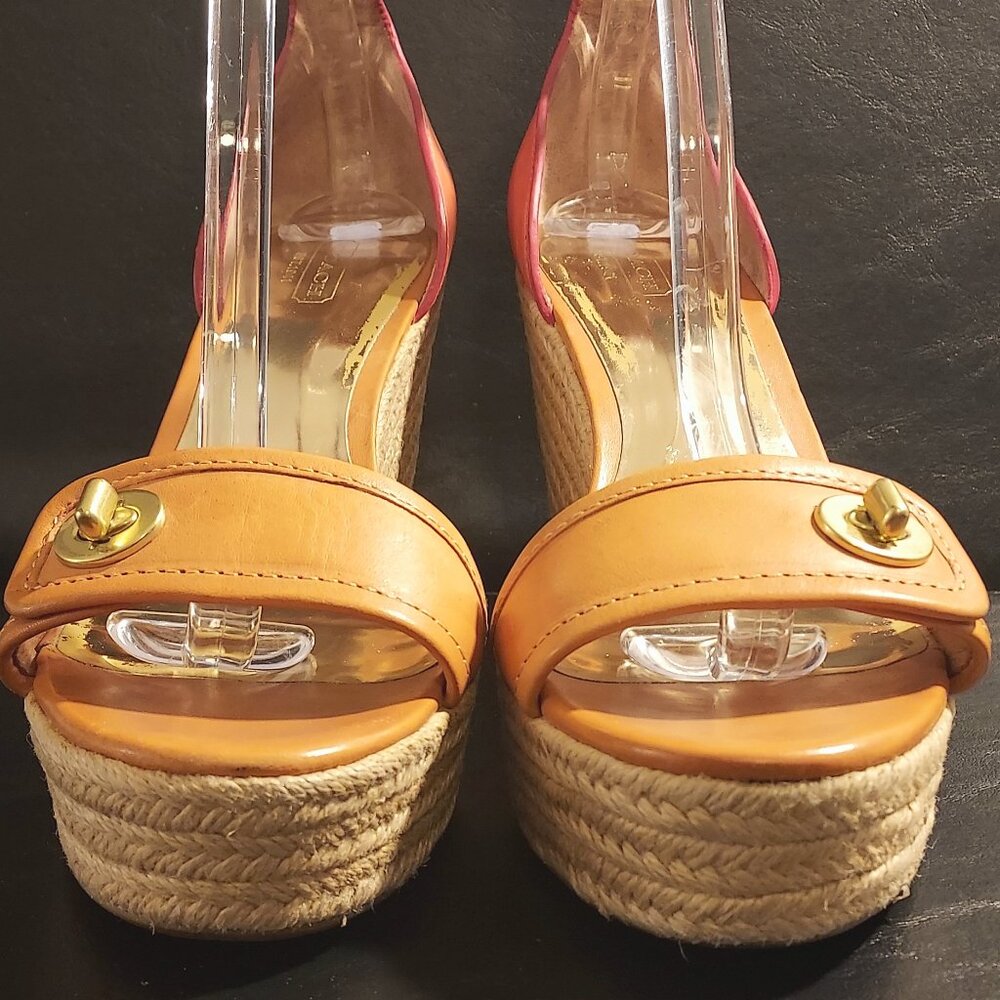 Coach Sandals Size 10 Glinda Espadrille Wedge Ankle Strap Platform Pump Heel Tan - Picture 9 of 13
